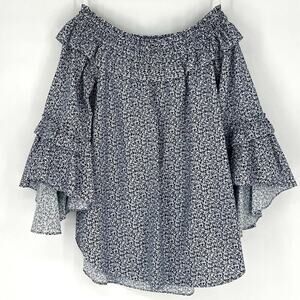 Sara Campbell Off The Shoulder Blouse Statement Sleeves Blue White Floral Small
